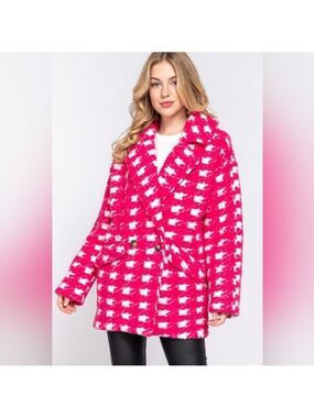 NWT Pink Plaid Fleece Pea Coat Women’s Cozy Teddy Jacket Small Medium Large